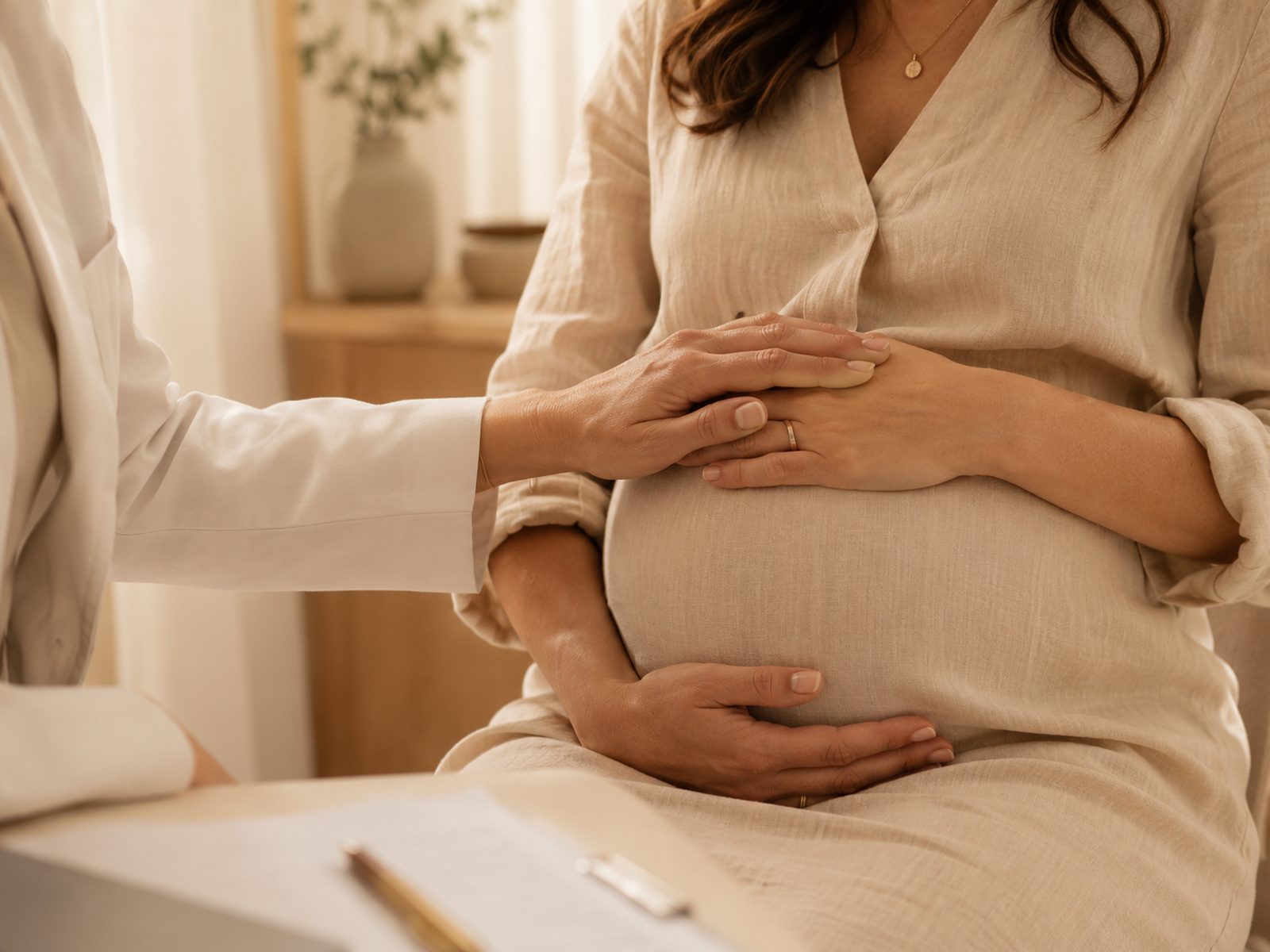 Mão da médica apoiada sobre a barriga de uma gestante durante a consulta